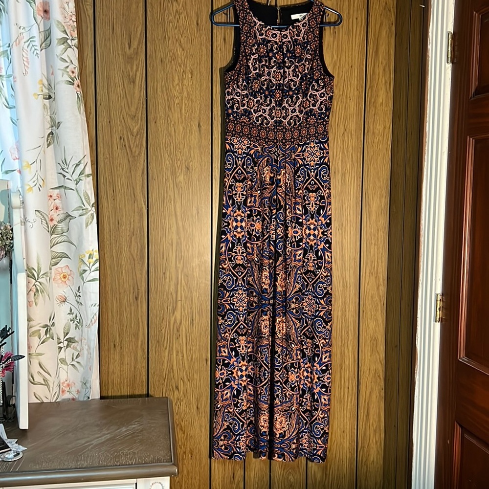 Wisp maxi sleeveless dress, graphic orange/black print, Sz 10